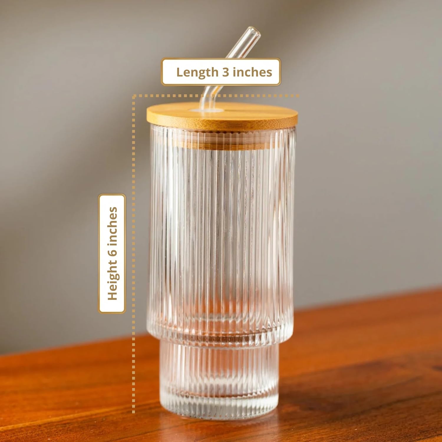 Crystal Ribbed Glass Tumbler Set of 2 – 400ml Reusable Glasses with Bamboo Lid & Glass Straw for Iced Coffee, Juice & Cold Drinks Dailyalley
