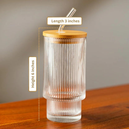 Crystal Ribbed Glass Tumbler Set of 2 – 400ml Reusable Glasses with Bamboo Lid & Glass Straw for Iced Coffee, Juice & Cold Drinks Dailyalley
