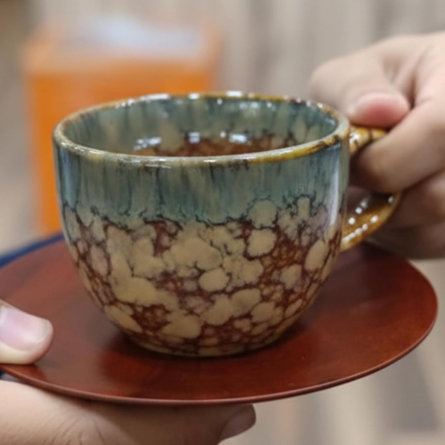 Premium Ceramic Tea Cup Set with Wooden Plates – 12-Piece Set (6 Cups + 6 Plates), 150 ml | Handmade Glazed Design for Tea, Coffee, Guests & Gifting Dailyalley