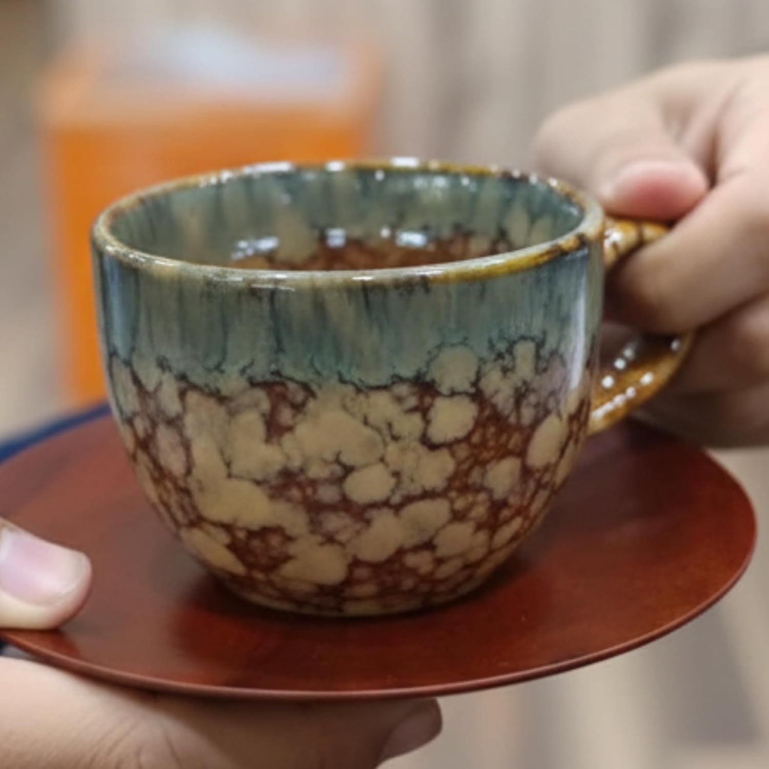 Premium Ceramic Tea Cup Set with Wooden Plates – 12-Piece Set (6 Cups + 6 Plates), 150 ml | Handmade Glazed Design for Tea, Coffee, Guests & Gifting Dailyalley