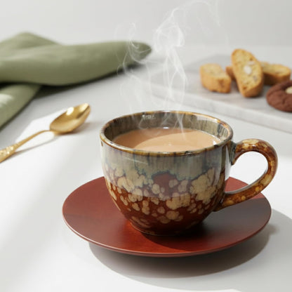 Premium Ceramic Tea Cup Set with Wooden Plates – 12-Piece Set (6 Cups + 6 Plates), 150 ml | Handmade Glazed Design for Tea, Coffee, Guests & Gifting Dailyalley