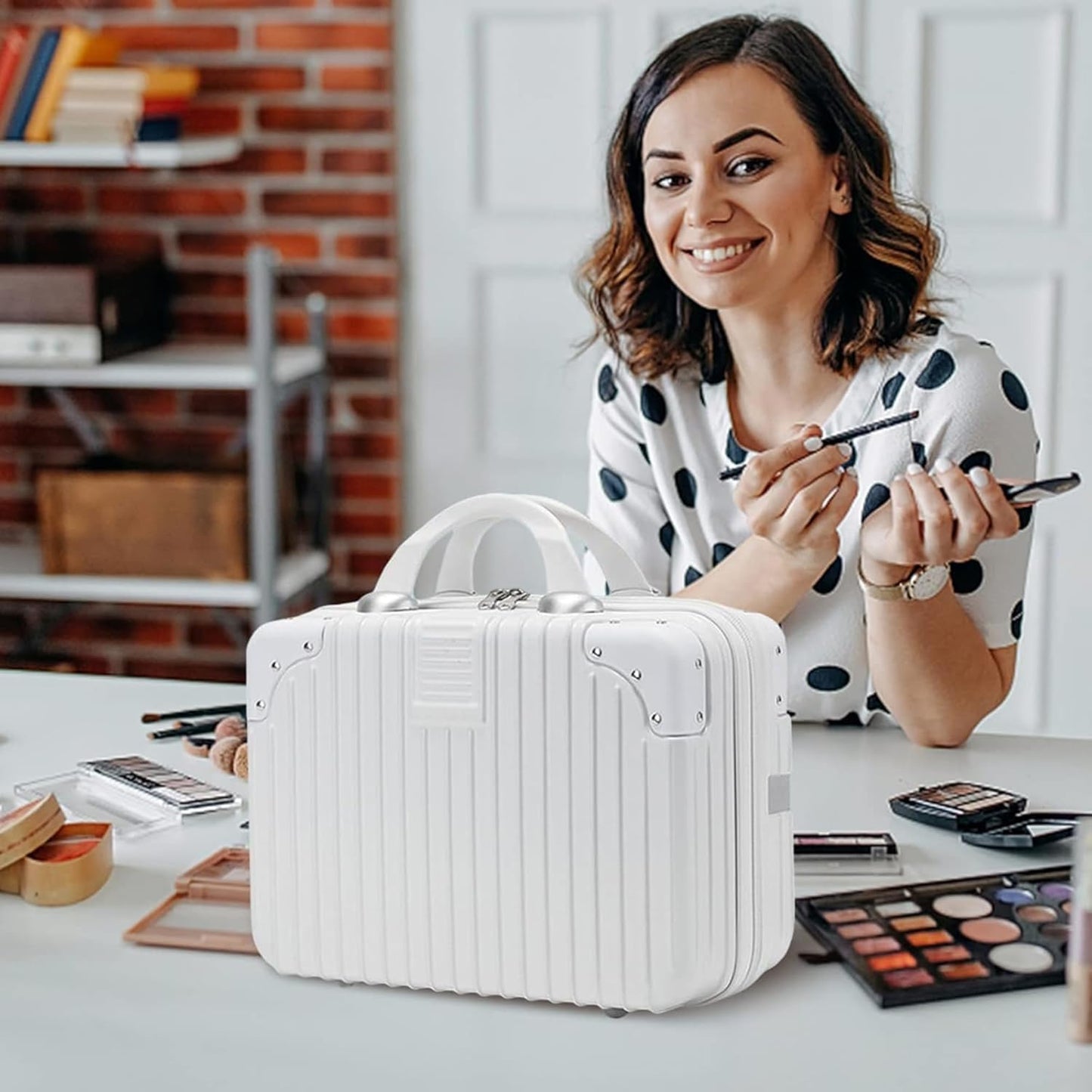 DailyAlley White Hard Shell Makeup Bag - A portable travel cosmetic case with a handle. Perfect for organizing makeup and toiletries on the go. Dailyalley