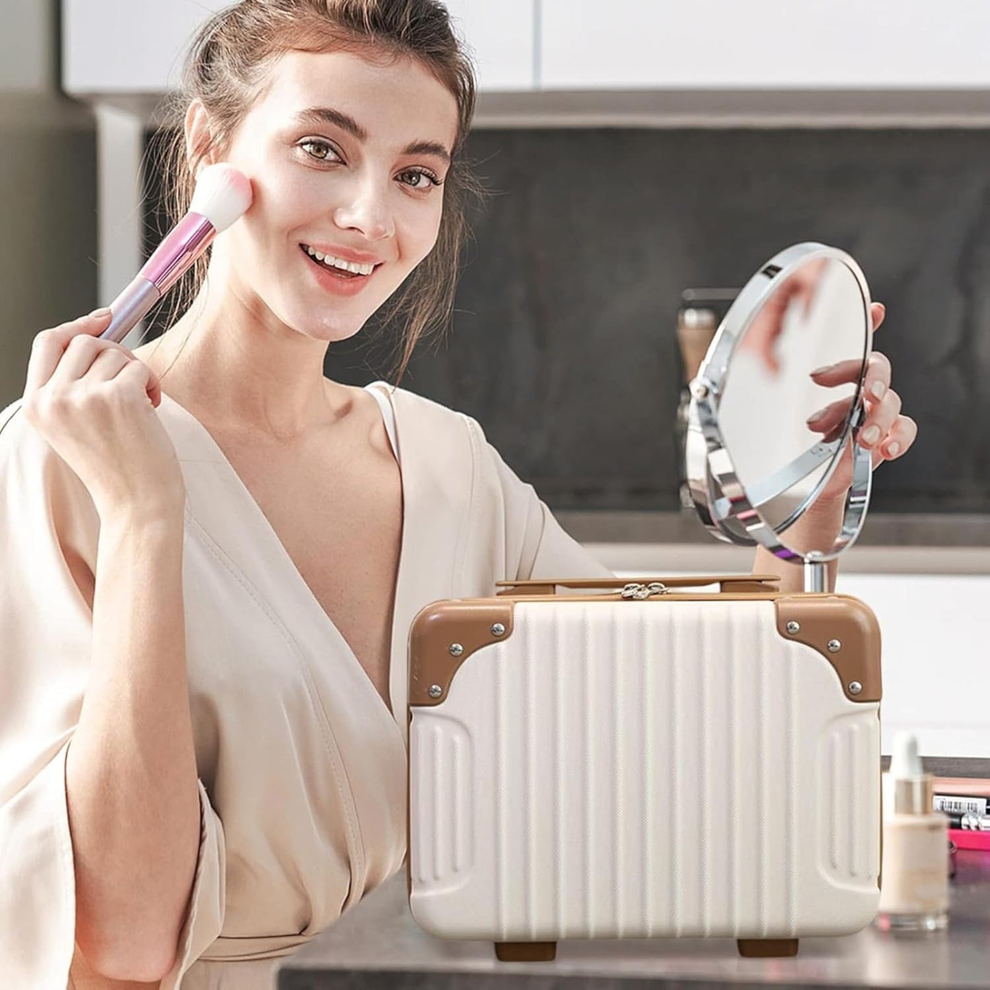 DailyAlley White Hard Shell Makeup Bag - A portable travel cosmetic case with a handle. Perfect for organizing makeup and toiletries on the go. Dailyalley