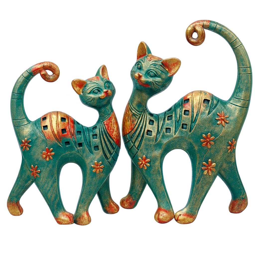 DailyAlley Decorative Cat Figurine Set | Handcrafted Teal Green & Antique Gold Resin Cat Sculptures with Floral Patterns – Traditional 2-Piece Home Décor Collection Dailyalley