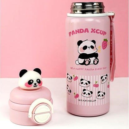 Pink panda-themed tumbler and container on a pink background