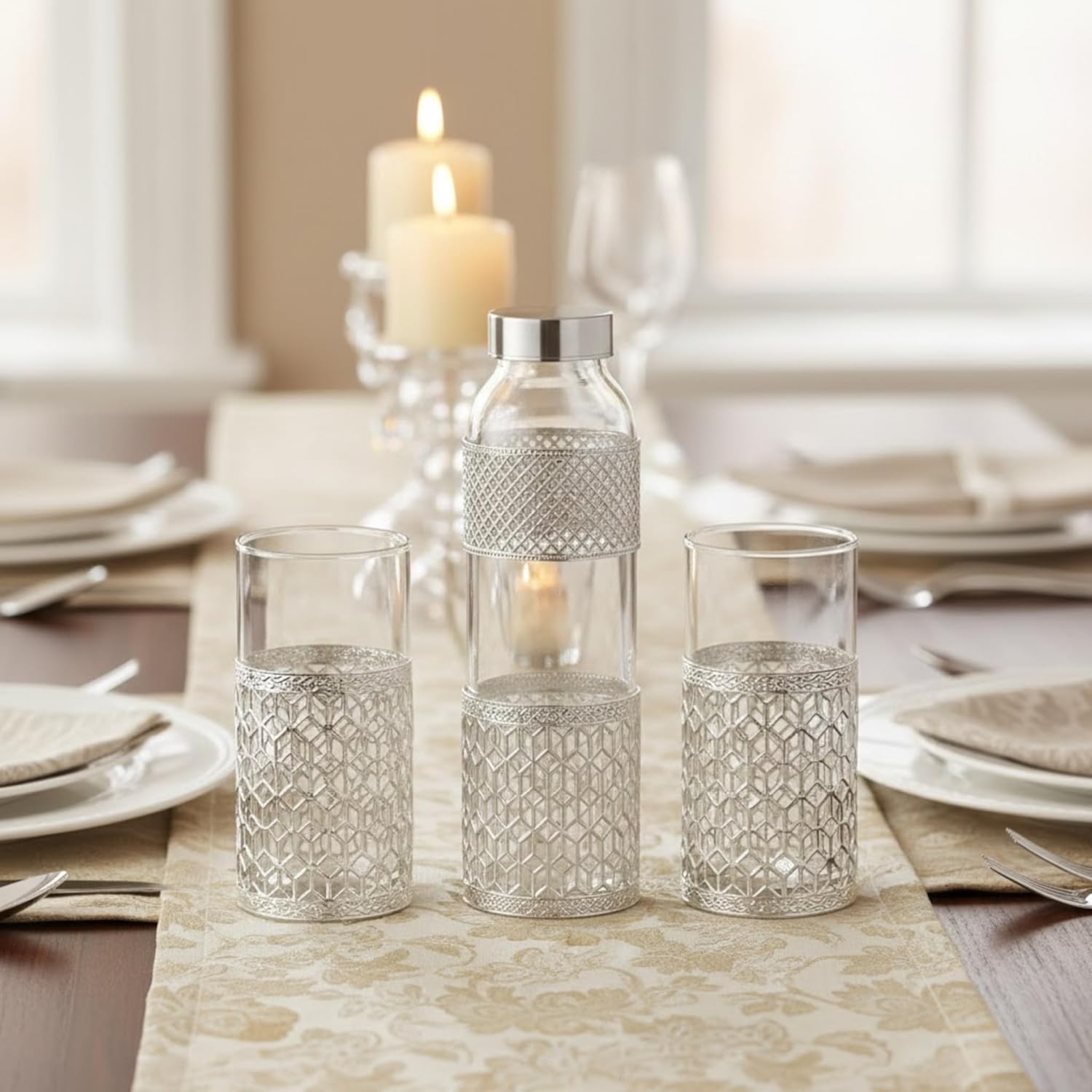 Premium German Silver-Style Glass Bottle Set | 1 Litre Bottle + 2 Glasses (300ml) | Luxury Green Velvet Gift Box | Elegant Dining & Gifting Set for Weddings, Anniversaries & Home Décor Dailyalley