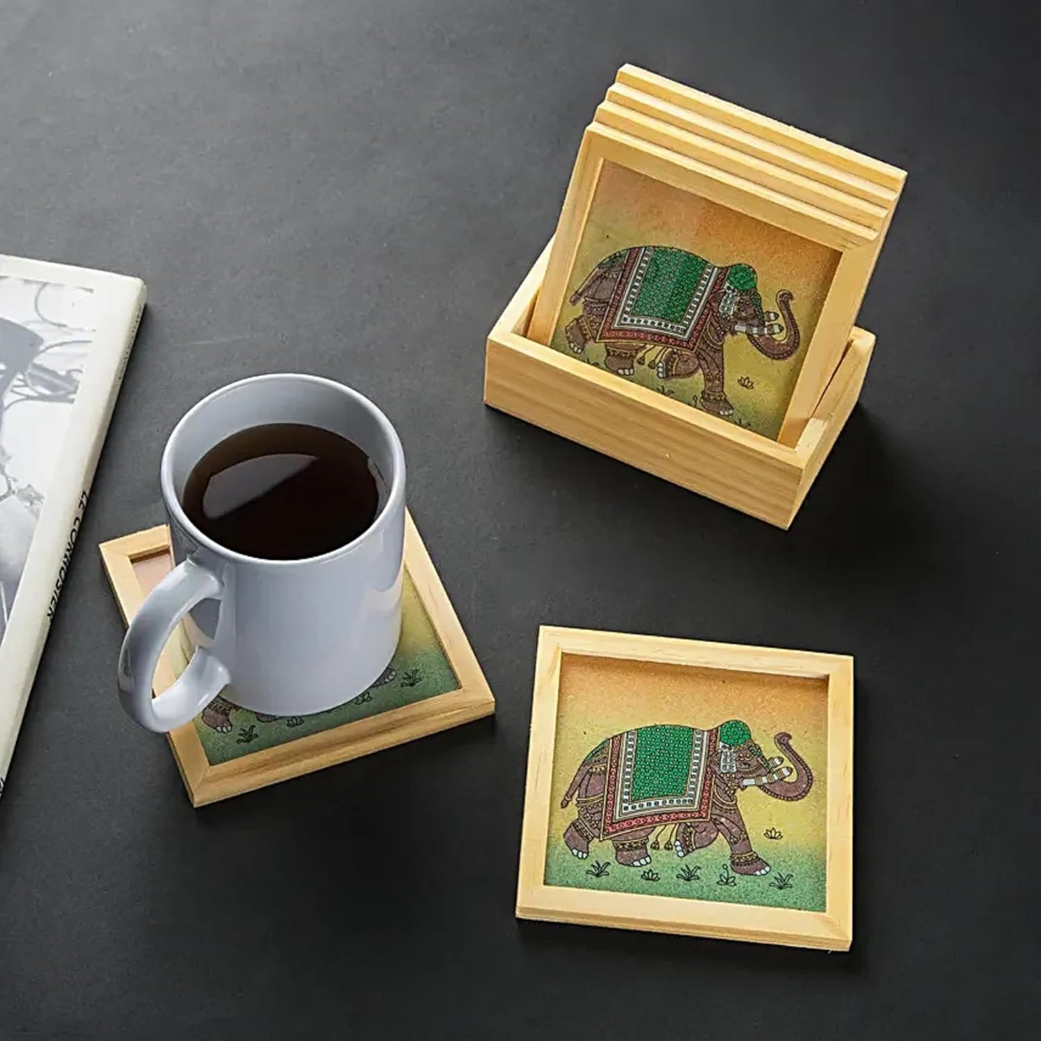 Hand-Painted Elephant Wooden Coaster Set – 6 Kadam Wood Coasters with Holder | Artisanal Table Decor for Tea, Coffee, Home & Office Dailyalley