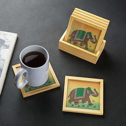 Hand-Painted Elephant Wooden Coaster Set – 6 Kadam Wood Coasters with Holder | Artisanal Table Decor for Tea, Coffee, Home & Office Dailyalley