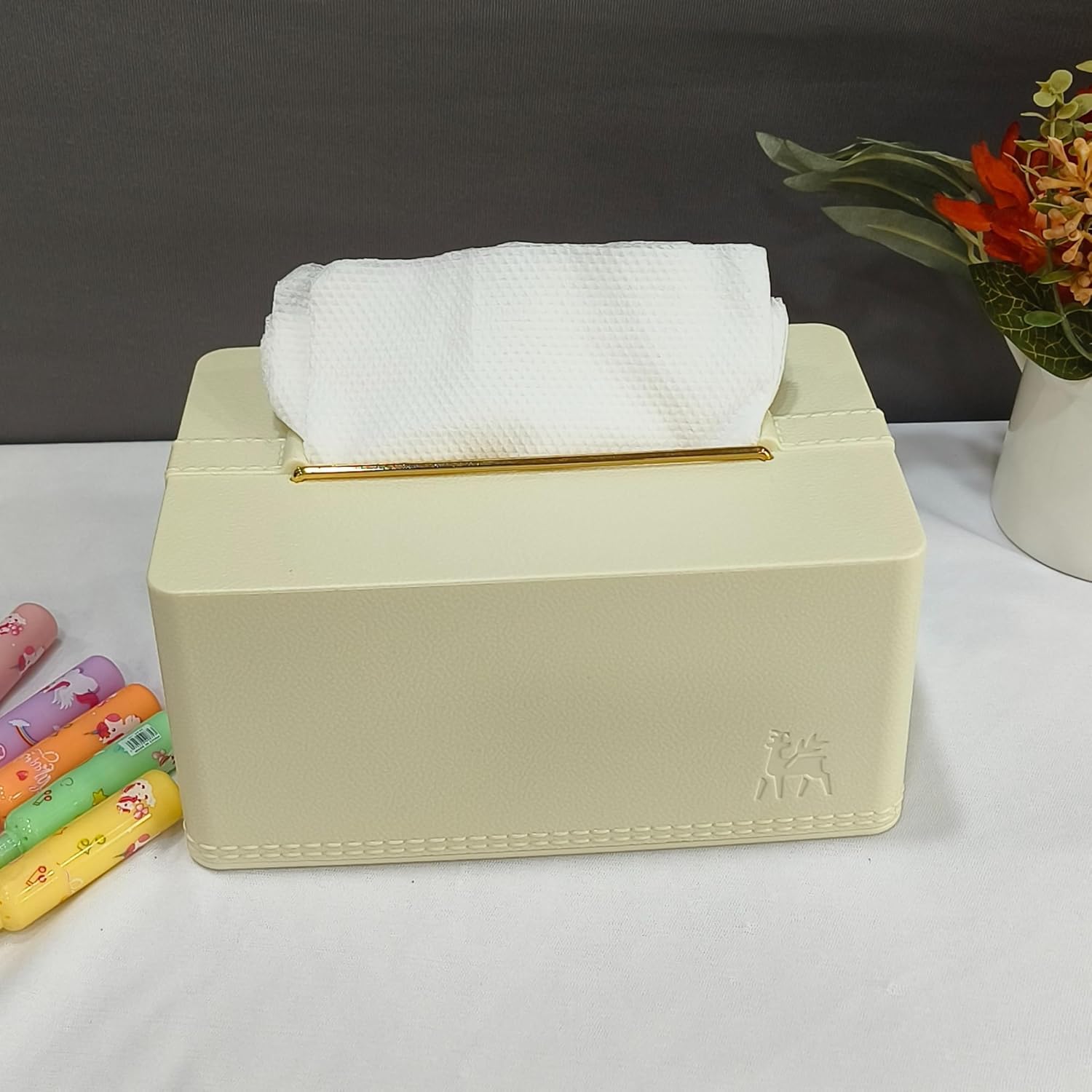 DailyAlley Beige Tissue Box Holder - Premium Napkin Dispenser with a Golden Lid & Stylish Leather Finish. Perfect for your home, office, or car. Dailyalley