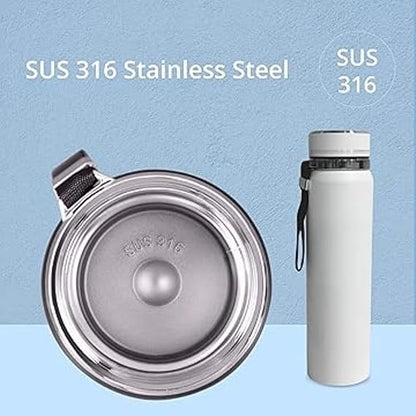 Stainless steel water bottle with lid on a light blue background
