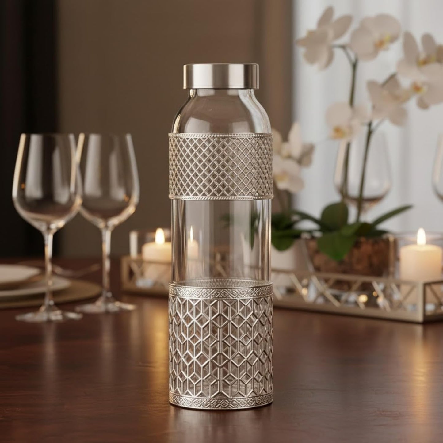 Premium German Silver-Style Glass Bottle Set | 1 Litre Bottle + 2 Glasses (300ml) | Luxury Green Velvet Gift Box | Elegant Dining & Gifting Set for Weddings, Anniversaries & Home Décor Dailyalley