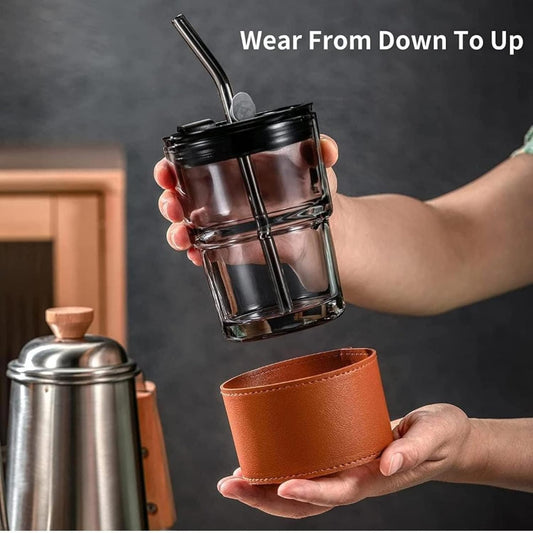 DailyAlley Gorgeous 400ml Glass Sipper - Aesthetic tumbler with a brown leather sleeve & straw. Perfect for coffee, juice, & smoothies on the go. Dailyalley