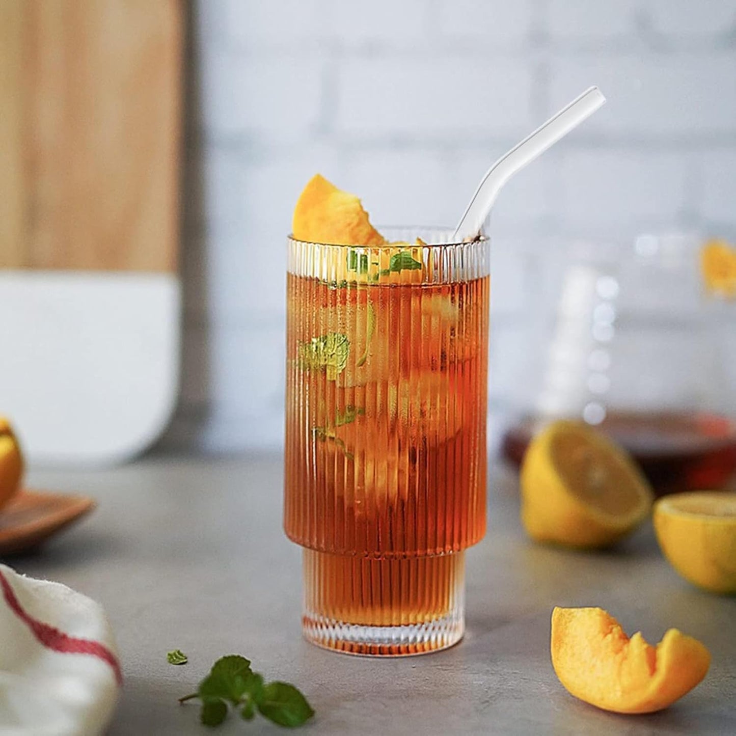 Crystal Ribbed Glass Tumbler Set of 2 – 400ml Reusable Glasses with Bamboo Lid & Glass Straw for Iced Coffee, Juice & Cold Drinks Dailyalley