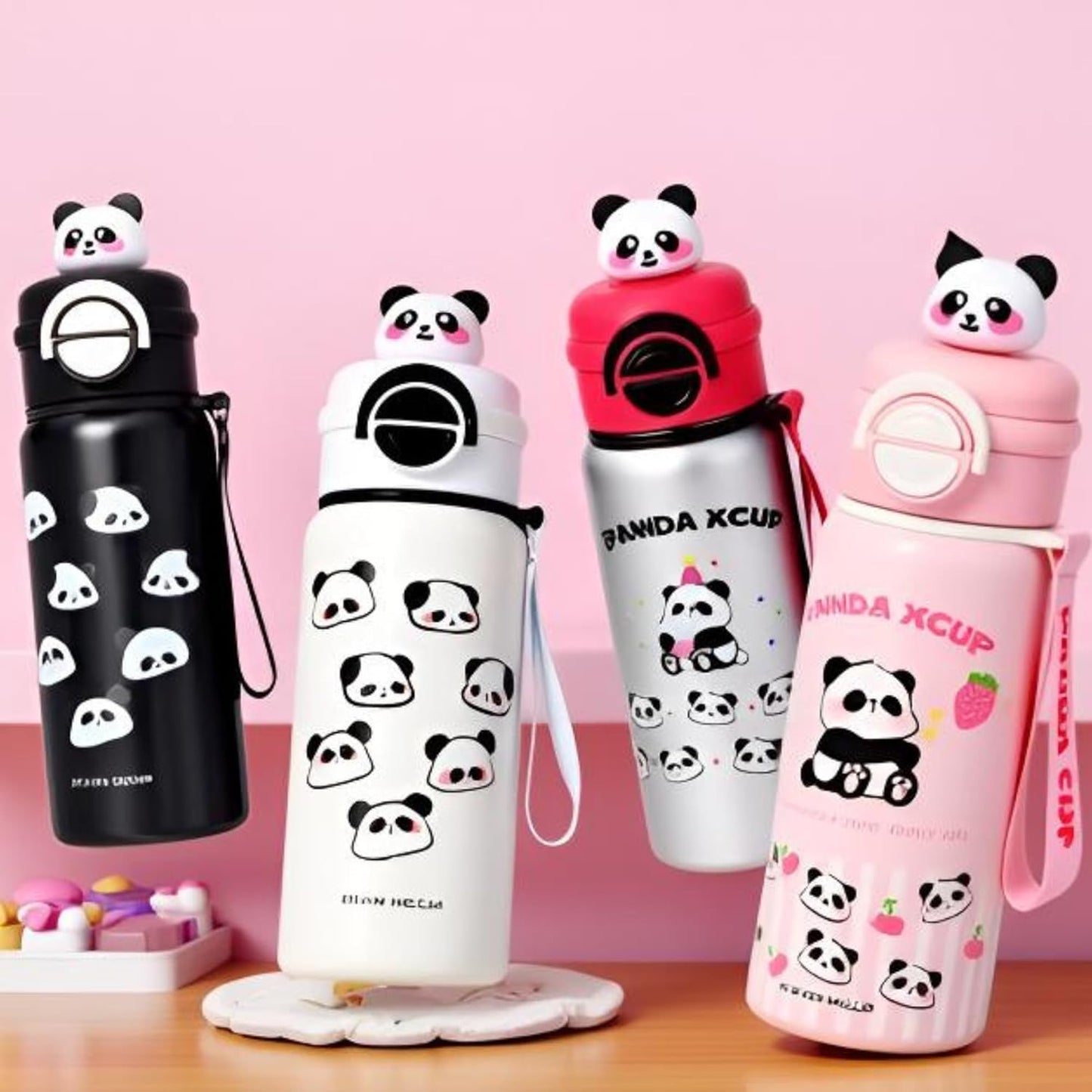 DailyAlley Pink Panda Water Bottle - A stainless steel thermos for kids, featuring a cute panda design. Perfect for keeping drinks hot or cold. Dailyalley