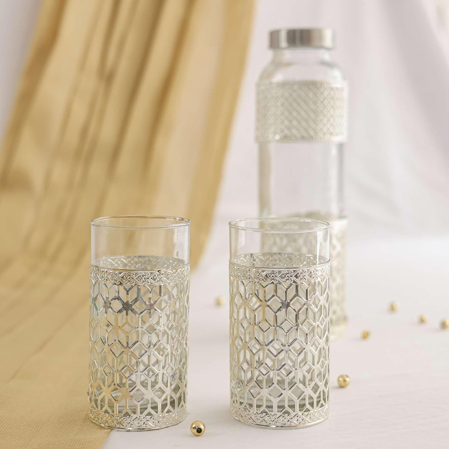 Premium German Silver-Style Glass Bottle Set | 1 Litre Bottle + 2 Glasses (300ml) | Luxury Green Velvet Gift Box | Elegant Dining & Gifting Set for Weddings, Anniversaries & Home Décor Dailyalley