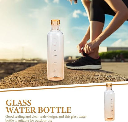 Glass water bottle with measurement markings on a blurred background of a person running.