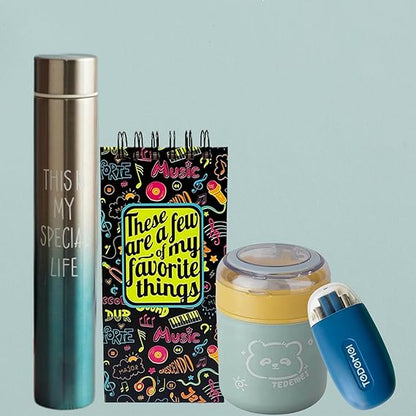 Collection of items including a water bottle, notebook, and containers on a light blue background