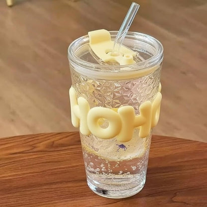 DailyAlley Glass Sipper Tumbler with Straw | Set of 2 | 450ml Stylish Cup for Cold & Hot Drinks | Reusable Travel Mug for Office, Gym, Home (Transparent, Yellow) Dailyalley