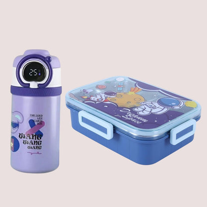 Purple water bottle and blue bento box with cartoon design on a beige background