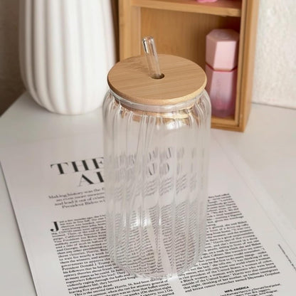 DailyAlley Glass Sipper 2-Pack: Reusable, ribbed glass cups with bamboo lids & straws. Perfect for juice, coffee, and smoothies at home or office. Dailyalley