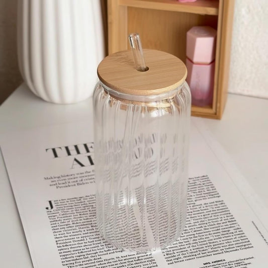 DailyAlley Glass Sipper 2-Pack: Reusable, ribbed glass cups with bamboo lids & straws. Perfect for juice, coffee, and smoothies at home or office. Dailyalley