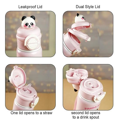 Pink panda-themed water bottle with different lids and features on a neutral background