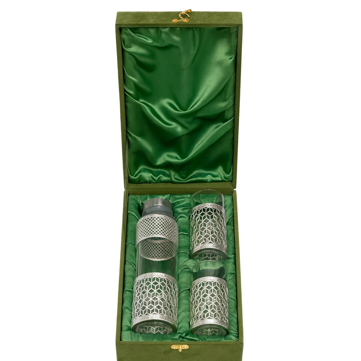 Premium German Silver-Style Glass Bottle Set | 1 Litre Bottle + 2 Glasses (300ml) | Luxury Green Velvet Gift Box | Elegant Dining & Gifting Set for Weddings, Anniversaries & Home Décor Dailyalley