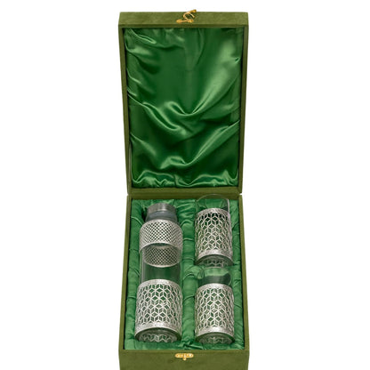 Premium German Silver-Style Glass Bottle Set | 1 Litre Bottle + 2 Glasses (300ml) | Luxury Green Velvet Gift Box | Elegant Dining & Gifting Set for Weddings, Anniversaries & Home Décor Dailyalley