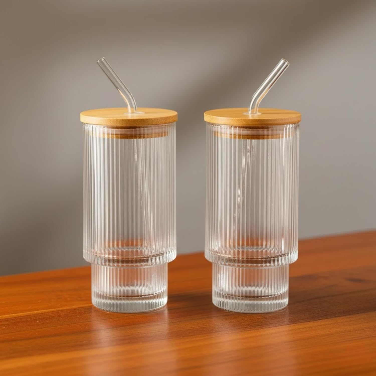 Crystal Ribbed Glass Tumbler Set of 2 – 400ml Reusable Glasses with Bamboo Lid & Glass Straw for Iced Coffee, Juice & Cold Drinks Dailyalley