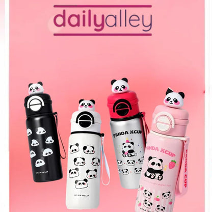 DailyAlley Pink Panda Water Bottle - A stainless steel thermos for kids, featuring a cute panda design. Perfect for keeping drinks hot or cold. Dailyalley