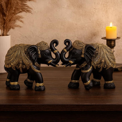 DailyAlley Premium Black & Gold Elephant Pair Showpiece | Handcrafted Polyresin Good Luck Figurines for Home Decor, Vastu, Diwali & Wedding Gifts Dailyalley
