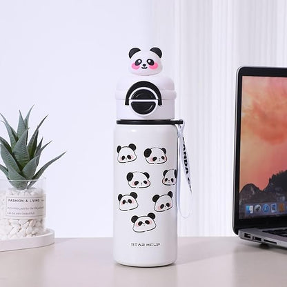 White water bottle with panda design on a desk next to a laptop and plant