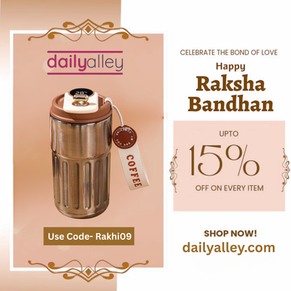 Promotional advertisement for Daily Alley with a coffee maker and Raksha Bandhan message.