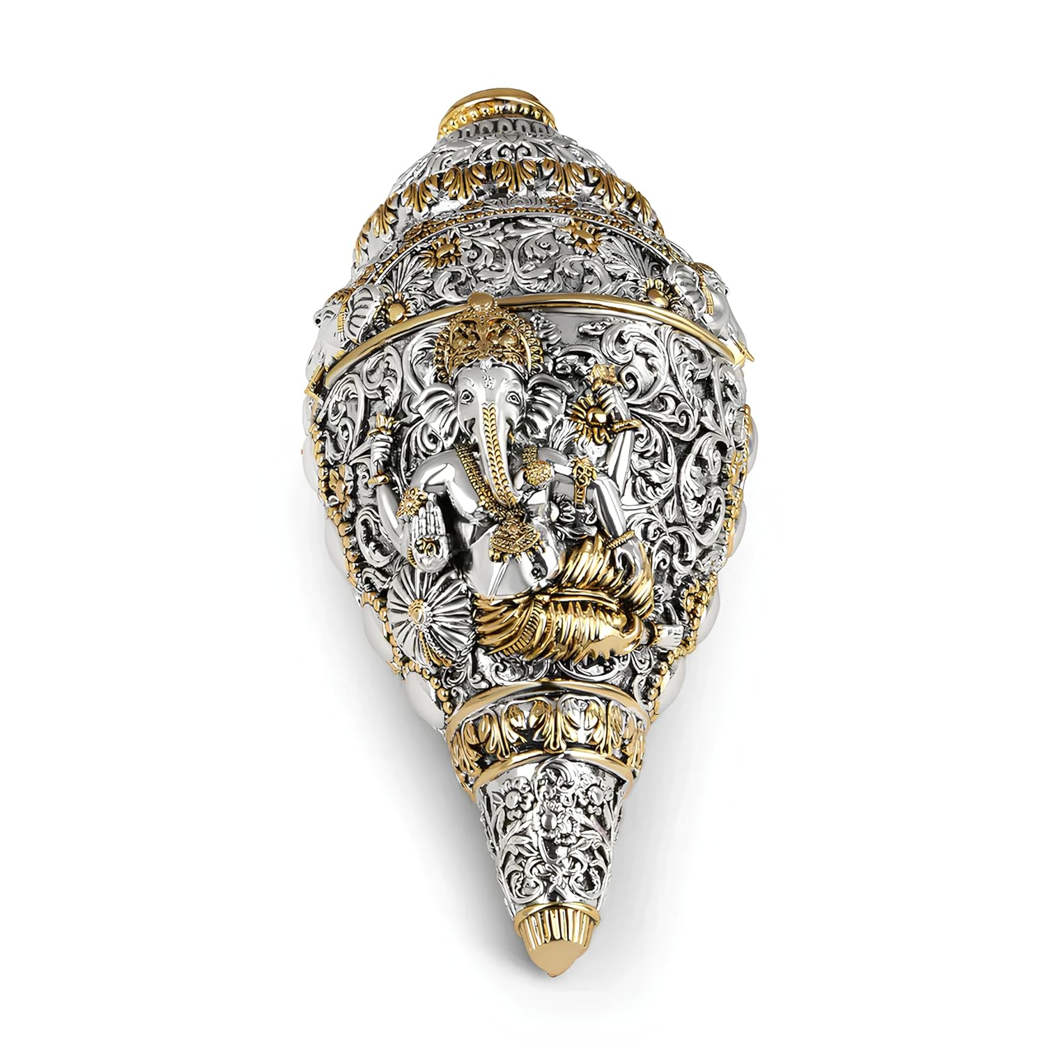 Decorative shell with intricate gold and silver design on a white background