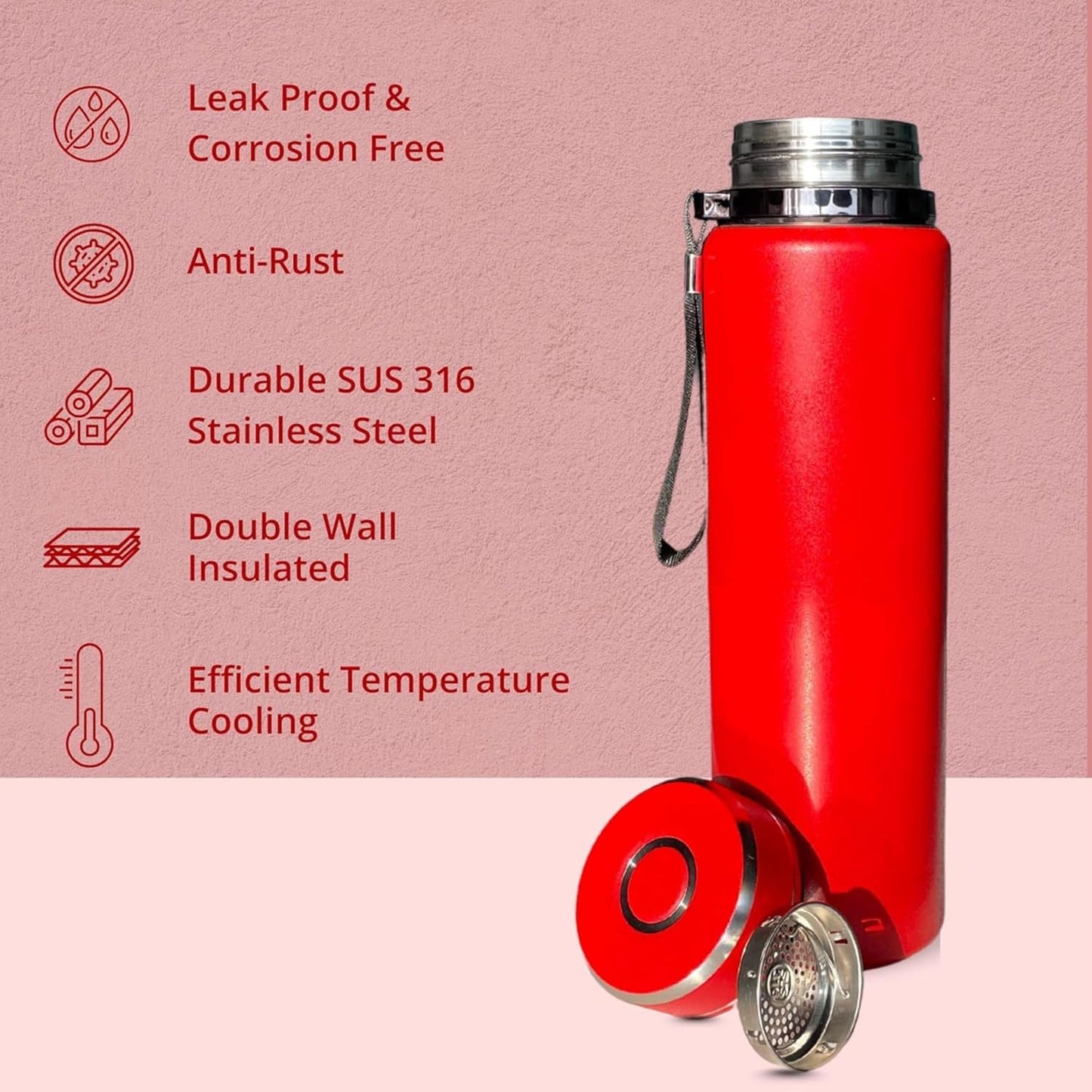 Premium 1000ml Stainless Steel Thermosteel Water Bottle – Leak-Proof, Double Wall Insulated Flask with Carry Rope & Matte Red Finish for Office, Gym, Travel & Outdoor Dailyalley