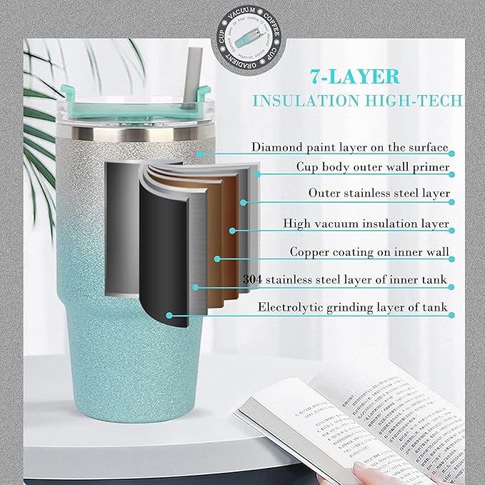 Turquoise insulated tumbler with sectional diagram of its construction on a white background.