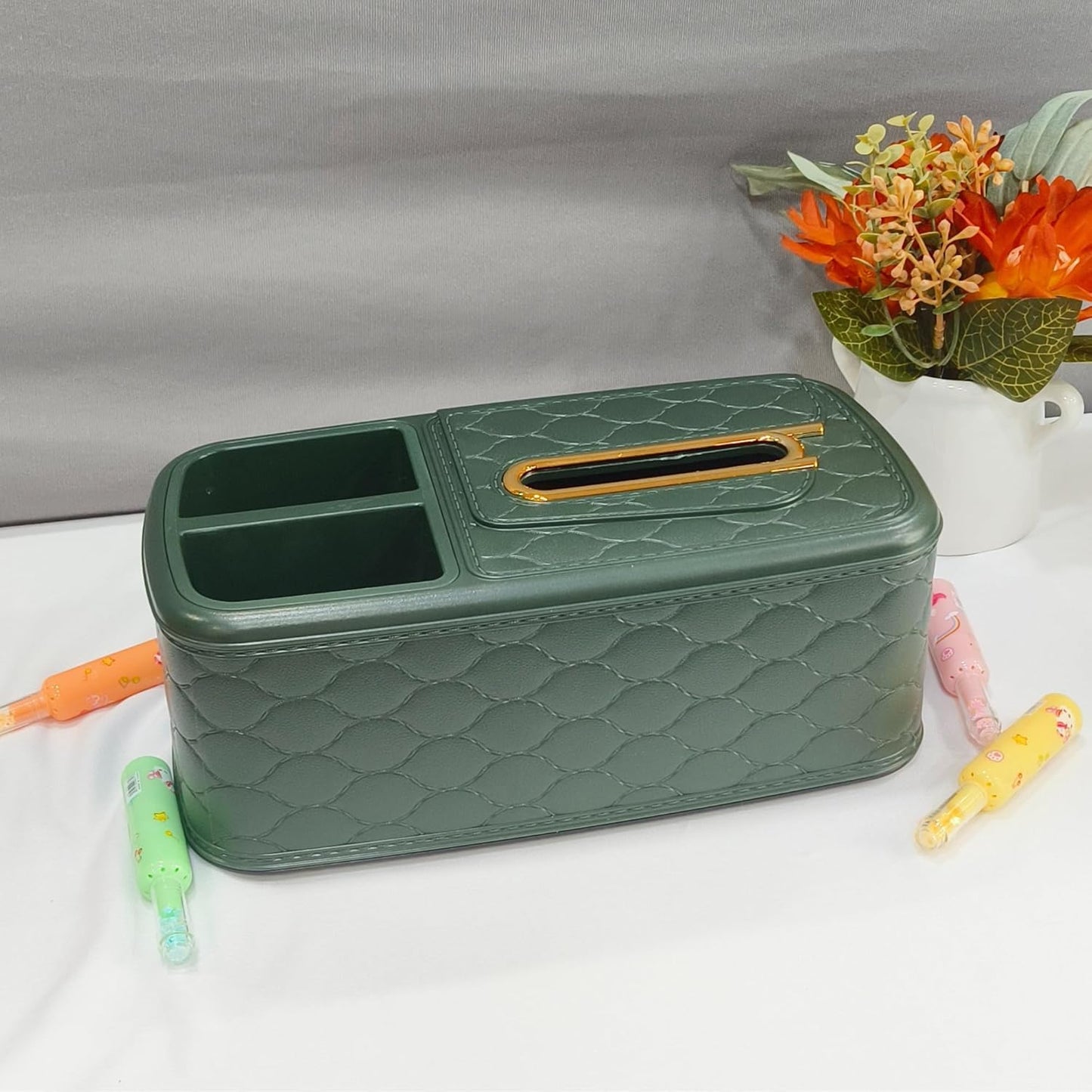 DailyAlley Tissue Box Holder & Pen Organizer – Multipurpose Storage with 2 Extra Compartments for Home, Office, or Car Dailyalley