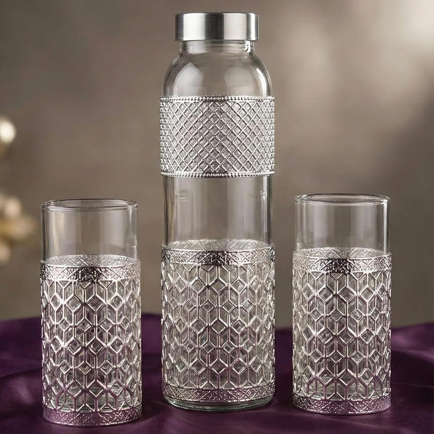 Premium German Silver-Style Glass Bottle Set | 1 Litre Bottle + 2 Glasses (300ml) | Luxury Green Velvet Gift Box | Elegant Dining & Gifting Set for Weddings, Anniversaries & Home Décor Dailyalley
