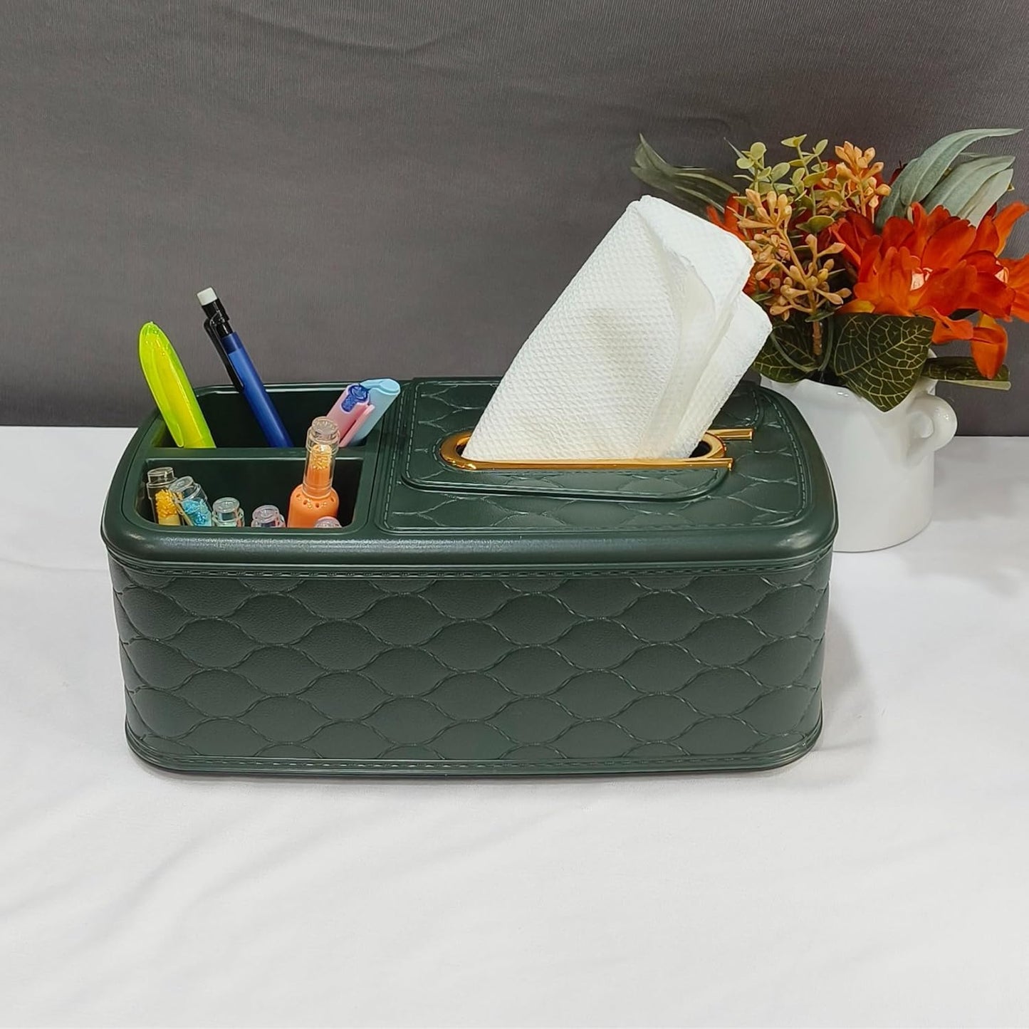 DailyAlley Tissue Box Holder & Pen Organizer – Multipurpose Storage with 2 Extra Compartments for Home, Office, or Car Dailyalley