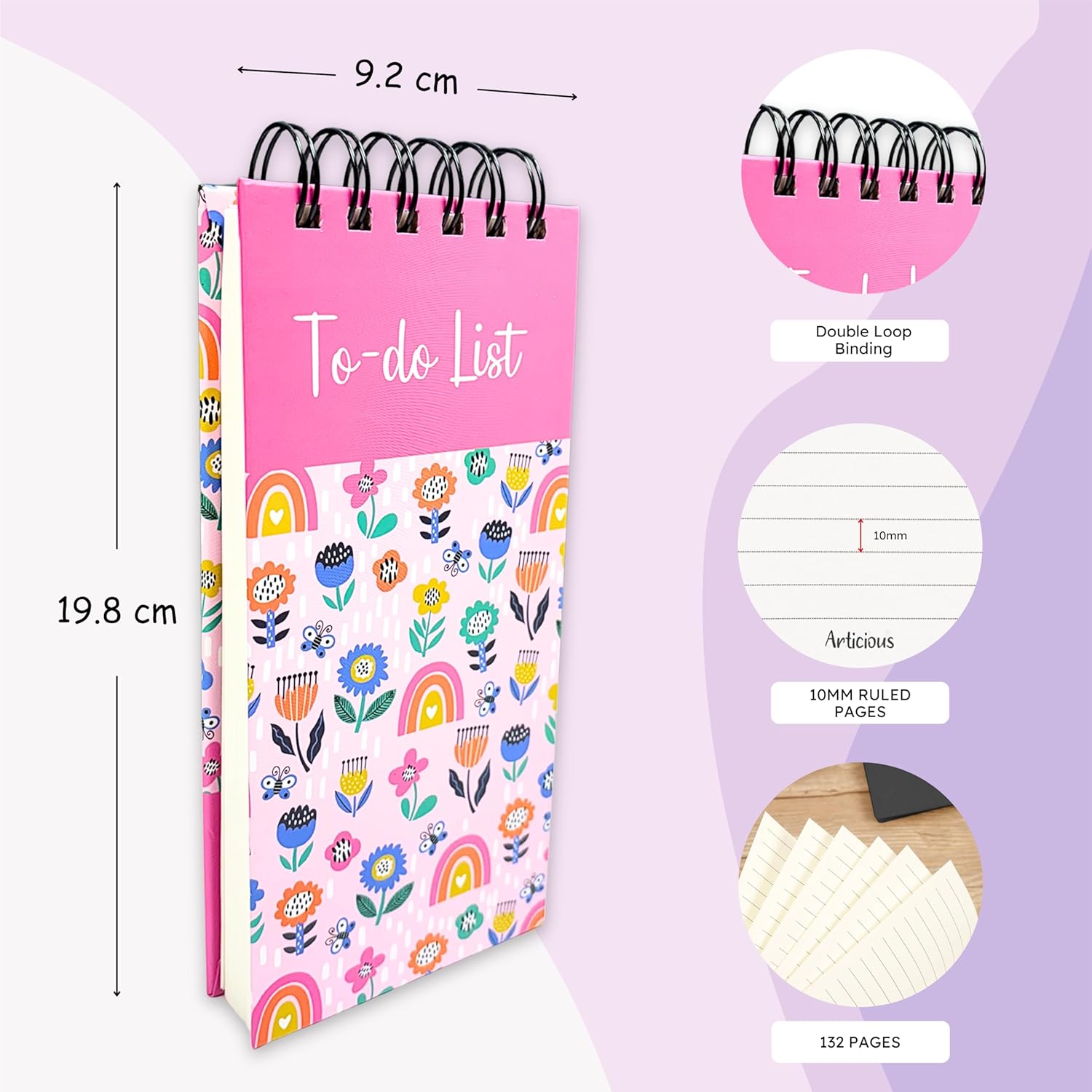 Pink Flower To-Do List Notepad | Daily Planner for Tasks, Study & Groceries | Wirebound Checklist Pad | 50 Tear-Off Sheets | 264 Pages | 80 GSM | 9.2x19.8 cm Dailyalley