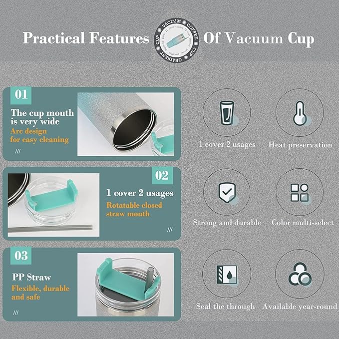 Vacuum cup features with text and icons on a gray background