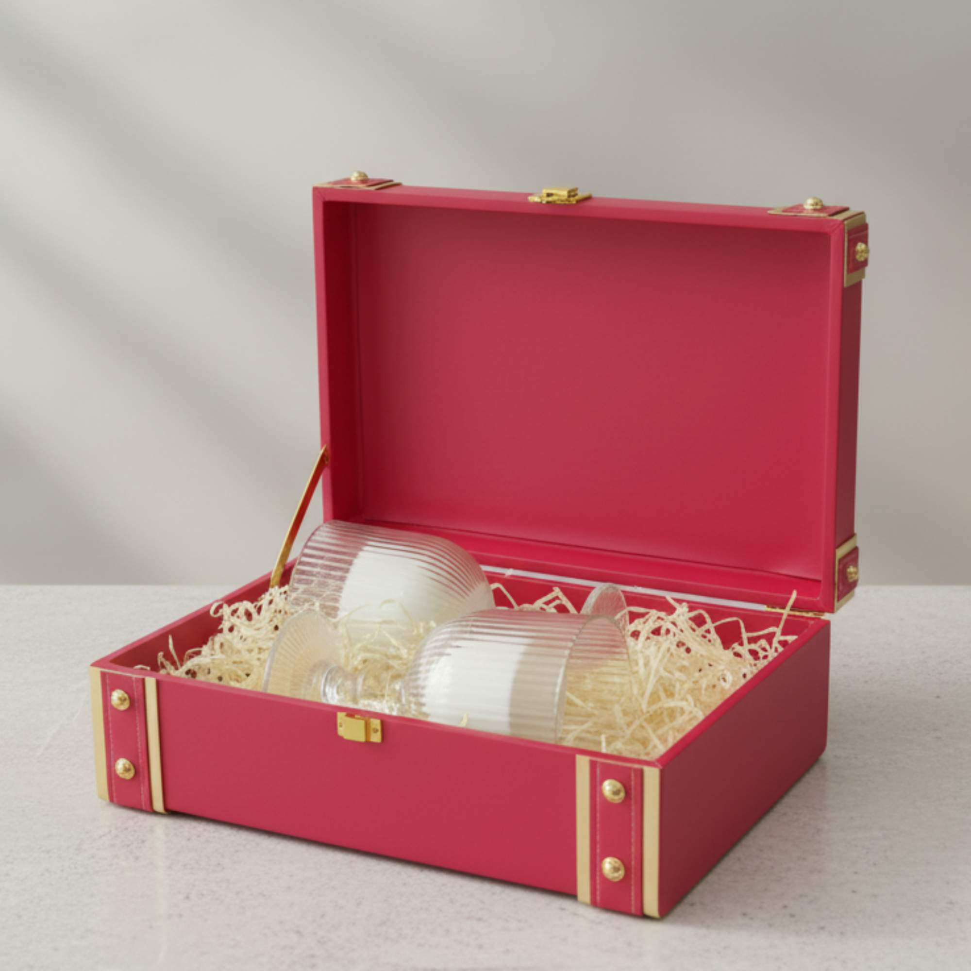Luxury Decorative Candles Set in Ribbed Glass Goblets. Aromatic white wax duo for romantic ambiance, presented in a chic pink trunk gift box. Dailyalley
