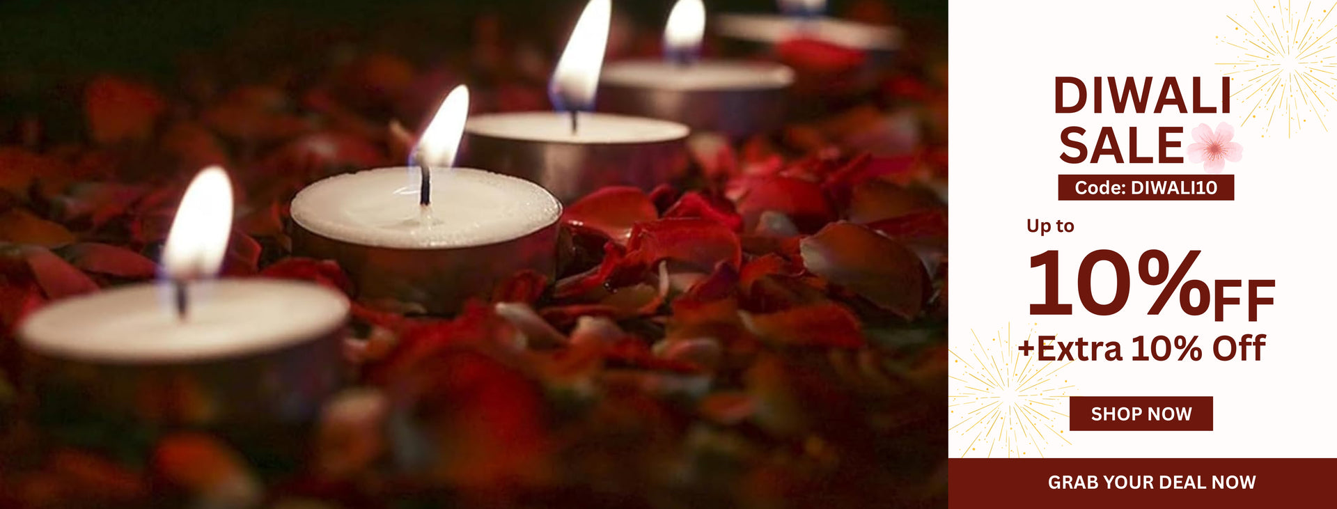 Candles on red petals with Diwali sale text overlay
