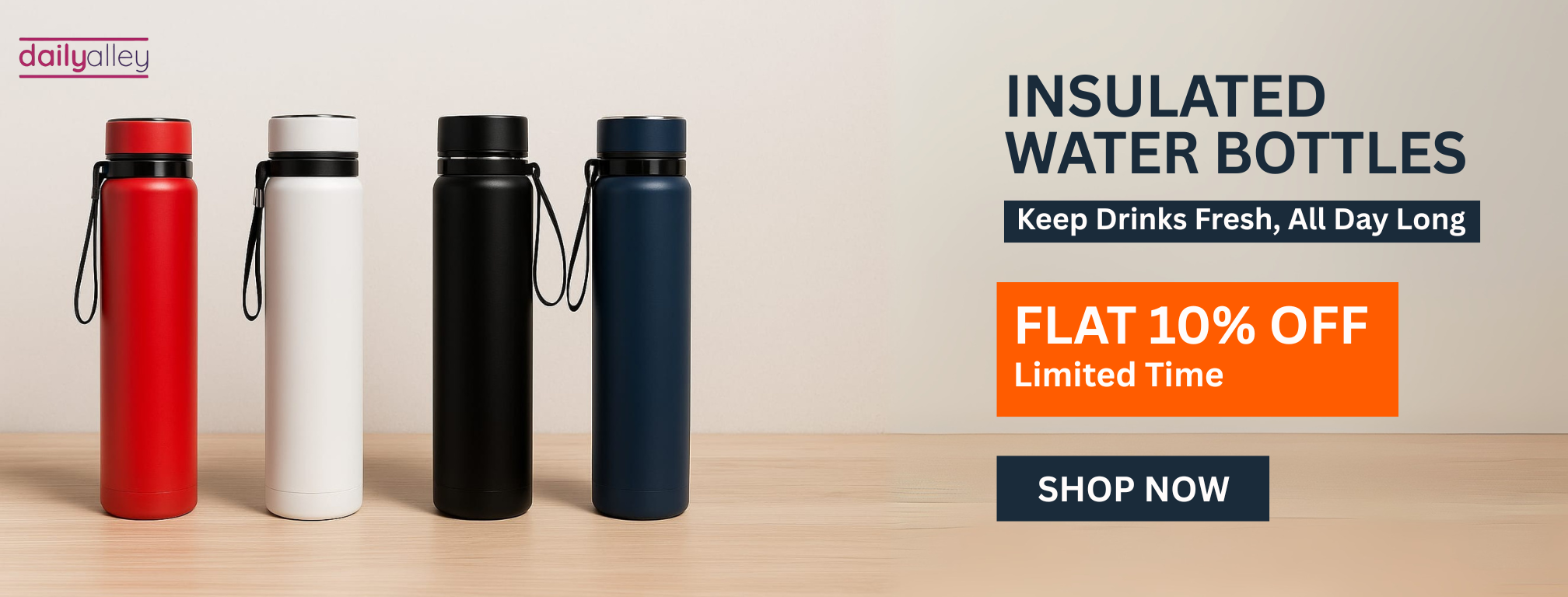 Four insulated water bottles in red, white, black, and blue on a wooden surface with promotional text.