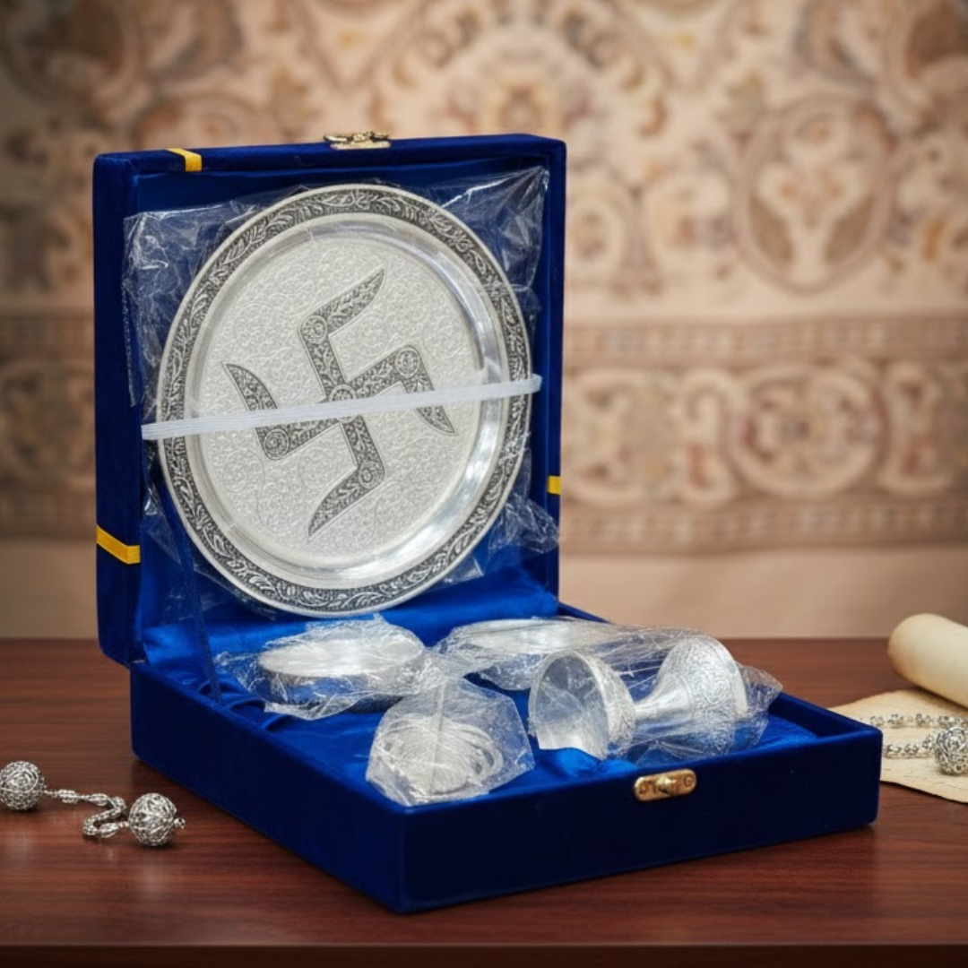 DailyAlley Premium German Silver Pooja Thali Set with Swastik Engraving | Full Hindu Worship Plate Set with Bowls, Diya & Spoon in Blue Velvet Box Dailyalley