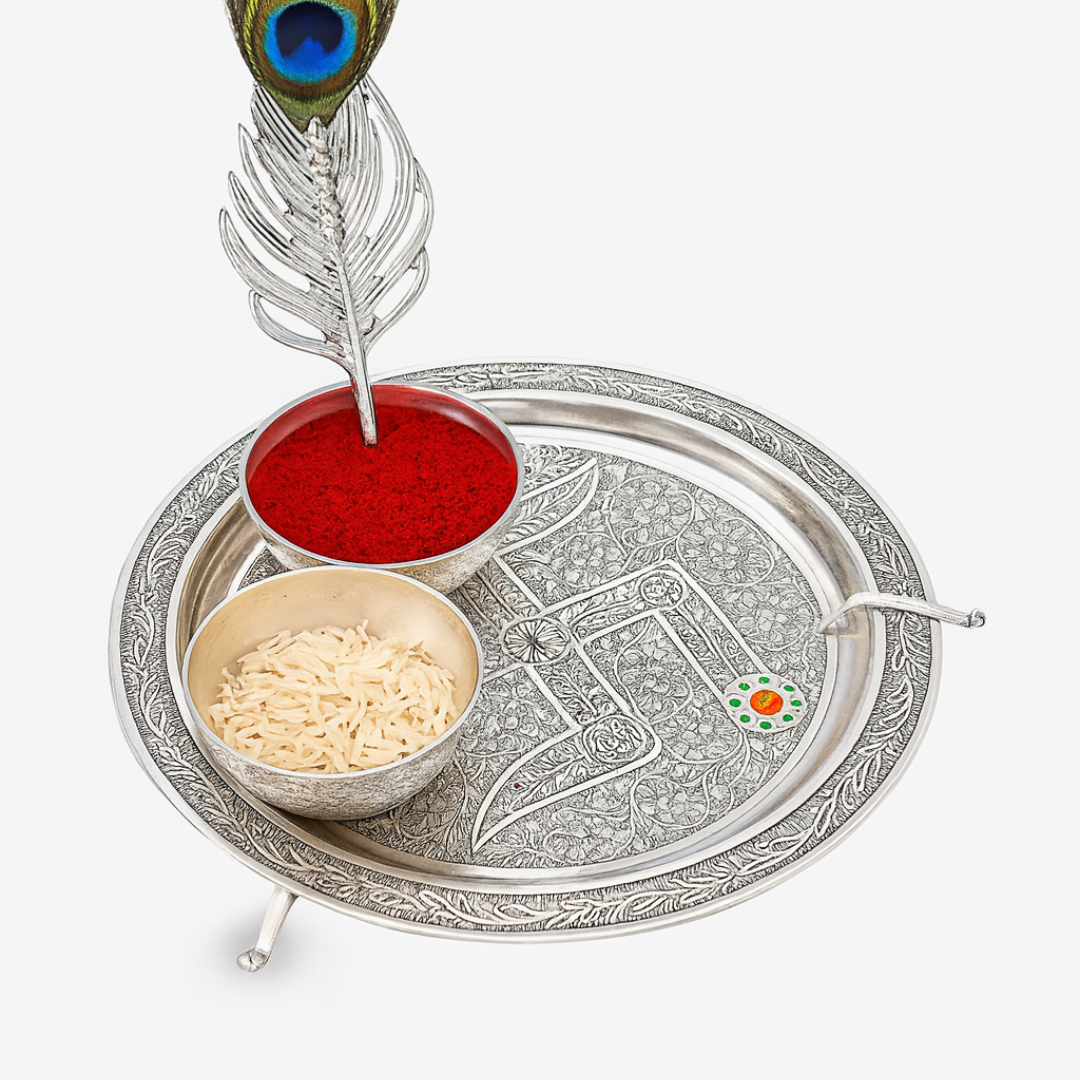 DailyAlley Premium German Silver Pooja Thali Set with Swastik Engraving | Full Hindu Worship Plate Set with Bowls, Diya & Spoon in Blue Velvet Box Dailyalley