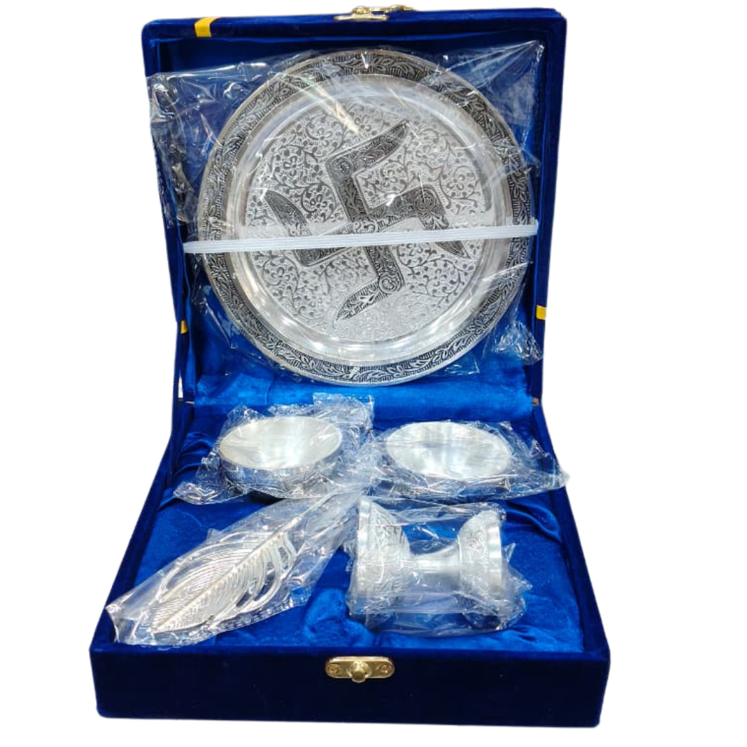 DailyAlley Premium German Silver Pooja Thali Set with Swastik Engraving | Full Hindu Worship Plate Set with Bowls, Diya & Spoon in Blue Velvet Box Dailyalley