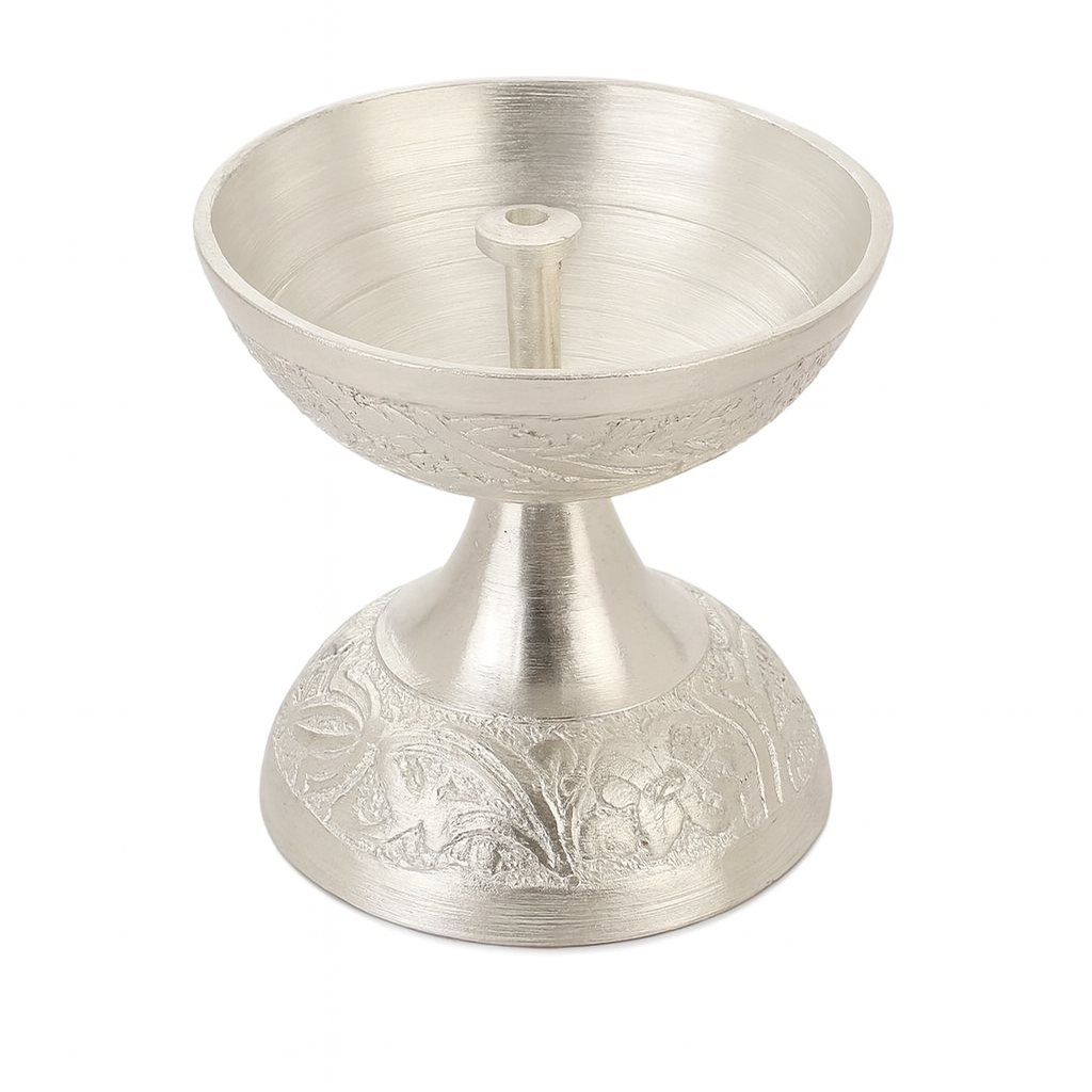 DailyAlley Premium German Silver Pooja Thali Set with Swastik Engraving | Full Hindu Worship Plate Set with Bowls, Diya & Spoon in Blue Velvet Box Dailyalley