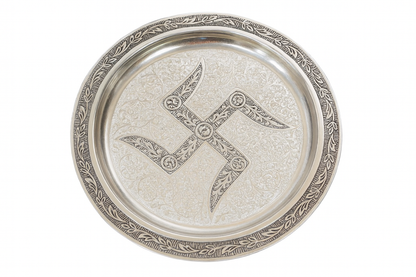 DailyAlley Premium German Silver Pooja Thali Set with Swastik Engraving | Full Hindu Worship Plate Set with Bowls, Diya & Spoon in Blue Velvet Box Dailyalley