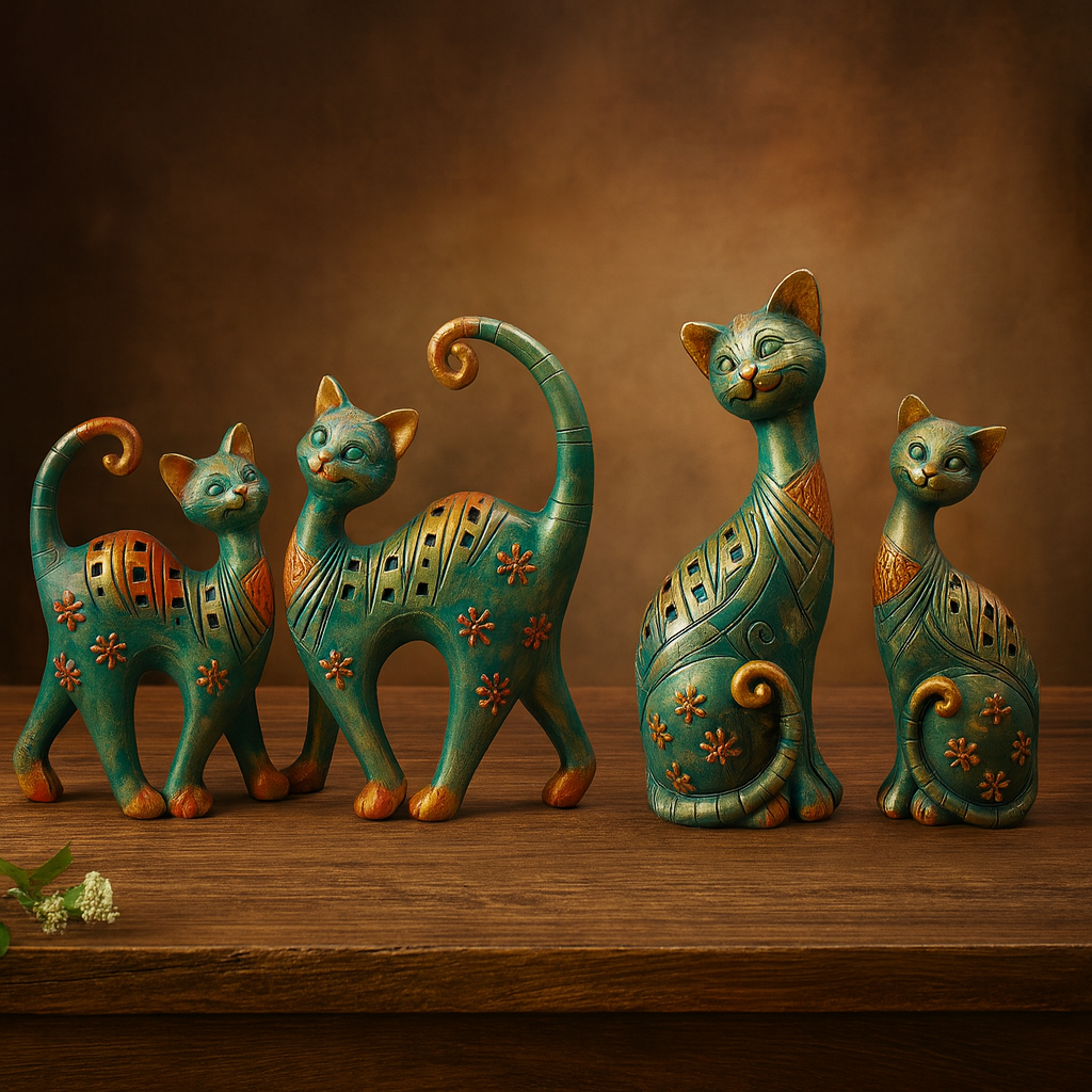 DailyAlley Decorative Cat Figurine Set | Handcrafted Resin Cat Statues with Teal Green & Antique Gold Finish, Floral Pattern Home Decor Sculptures – Set of 2 Dailyalley